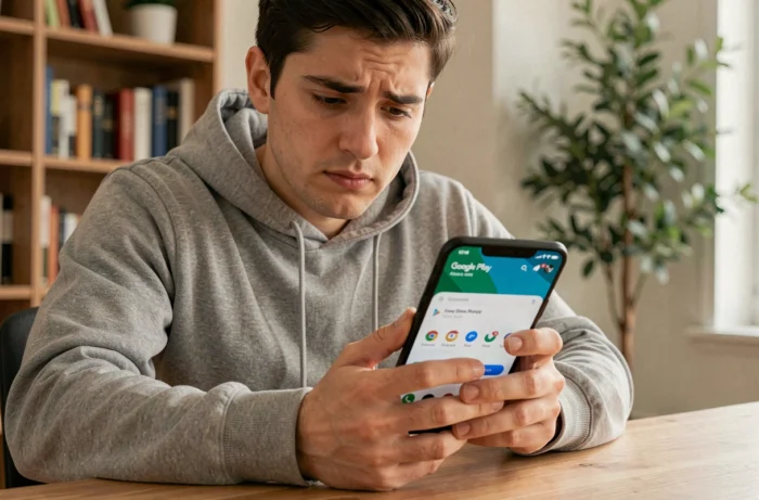 Jeune homme tenant un smartphone Android affichant le Google Play Store, assis à un bureau en bois dans un bureau à domicile moderne