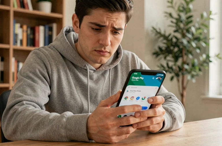 Jeune homme tenant un smartphone Android affichant le Google Play Store, assis à un bureau en bois dans un bureau à domicile moderne