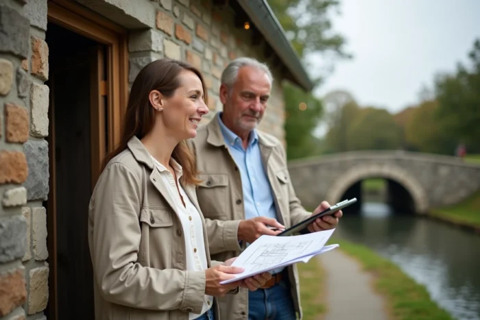 Couple examinant des plans devant une maison éclusière en pierre en Bretagne lors d'une visite immobilière