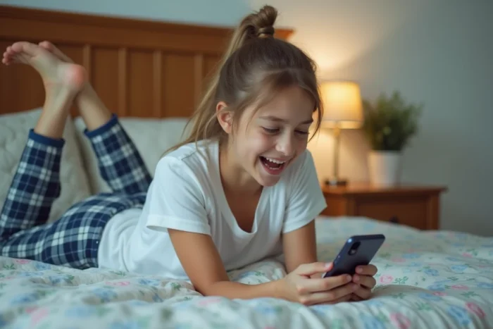 Adolescente allongée sur son lit regardant un film sur son téléphone mobile