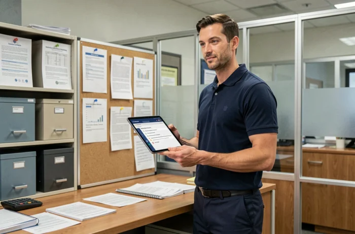 Agent municipal consultant une liste de solutions sur tablette dans un bureau administratif parisien