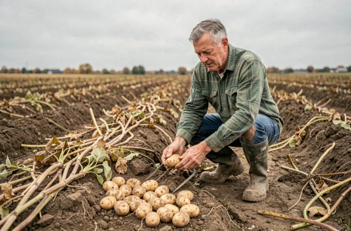 Agriculteur âgé inspectant des pommes de terre fraîchement récoltées dans un champ rural en automne avec une fourche de jardinage