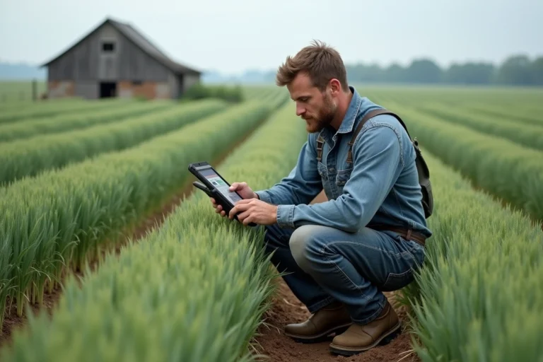 Agriculteur analysant des données de capteurs de sol sur une tablette au milieu d'un champ de blé, illustrant l'agriculture de précision moderne