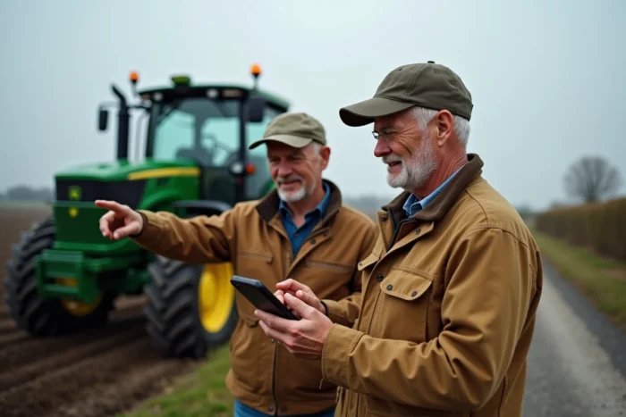 Deux agriculteurs discutant de la cartographie GPS d'un tracteur autonome moderne dans un champ labouré, symbolisant l'innovation technologique en agriculture