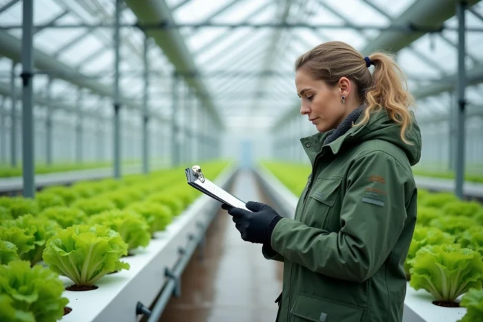 Agronome inspectant des cultures hydroponiques en serre moderne avec système d'irrigation innovant pour une agriculture optimisée