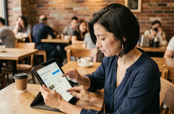 Femme utilisant une tablette Android dans un café pour explorer des alternatives au Google Play Store et télécharger des applications
