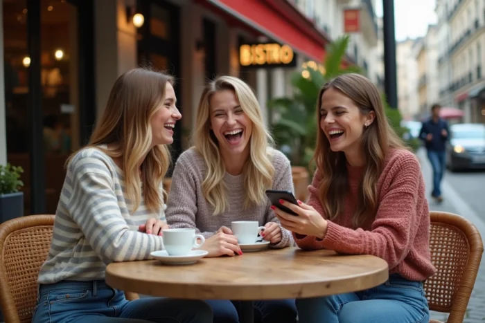 Groupe d'amis riant ensemble autour d'un café en terrasse parisienne, partageant des citations sur la joie de vivre sur un smartphone
