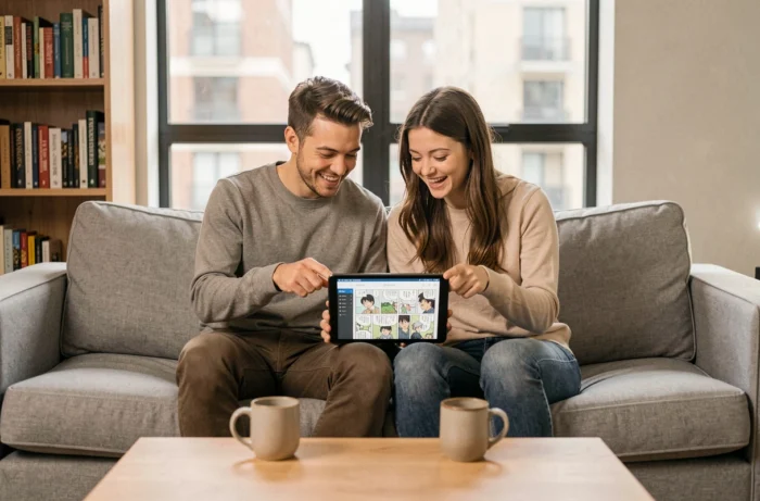 Deux amis lisant des mangas ensemble sur une tablette dans un salon moderne en toute simplicité