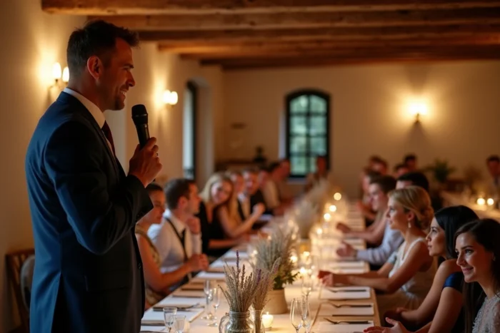 Animateur de mariage tenant un micro devant des invités attentifs lors d'un dîner de réception dans un bouchon lyonnais décoré