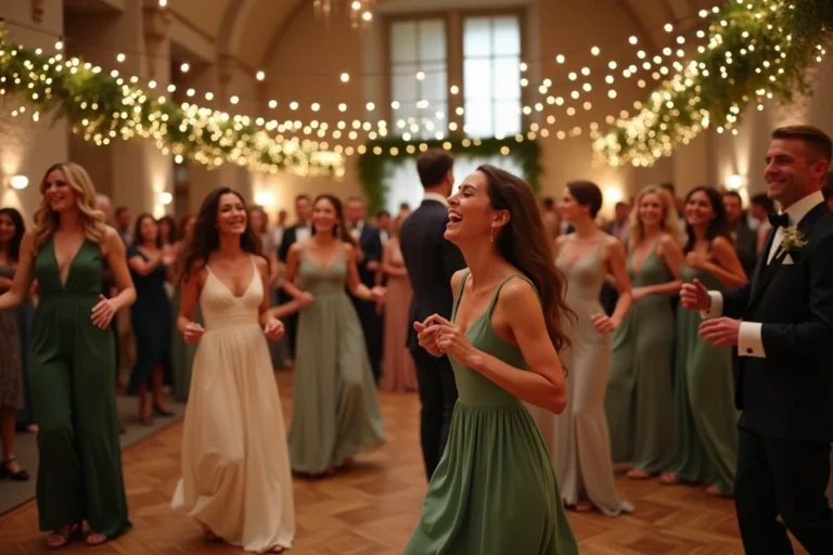 Groupe de mariés et invités dansant lors d'une animation de mariage festive dans une salle de réception lyonnaise aux murs en pierre
