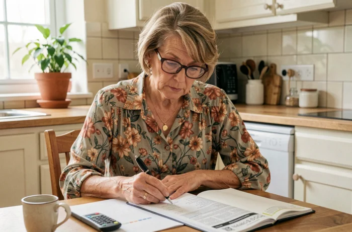 Femme cherchant une adresse dans un annuaire papier à la table de cuisine
