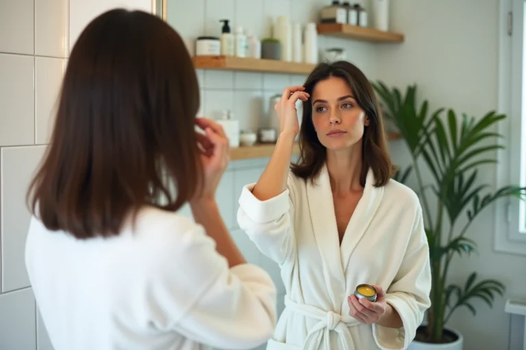Femme française appliquant de la pommade Vermogal sur ses cheveux devant un miroir de salle de bain moderne