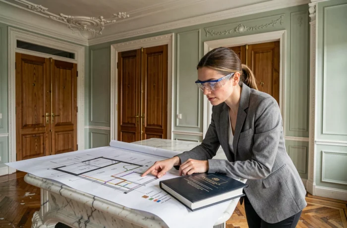 Architecte féminine étudiant un plan de rénovation de plomberie dans un appartement classé du patrimoine à Bruxelles