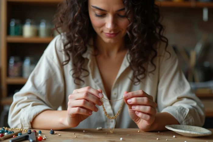 Artisane bijoutière tenant un collier fait main en fil d'or et pierre précieuse dans un atelier créatif rustique