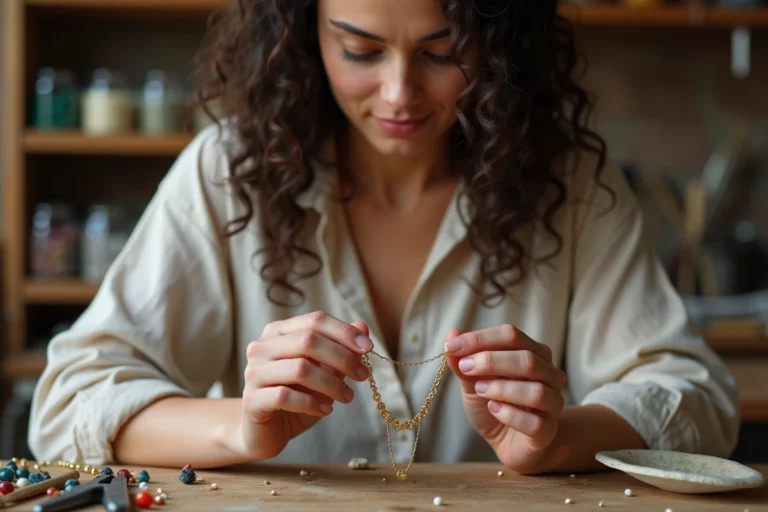 Artisane bijoutière tenant un collier fait main en fil d'or et pierre précieuse dans un atelier créatif rustique