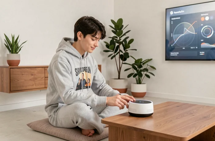 Jeune personne interagissant avec un assistant IA dans une maison connectée moderne