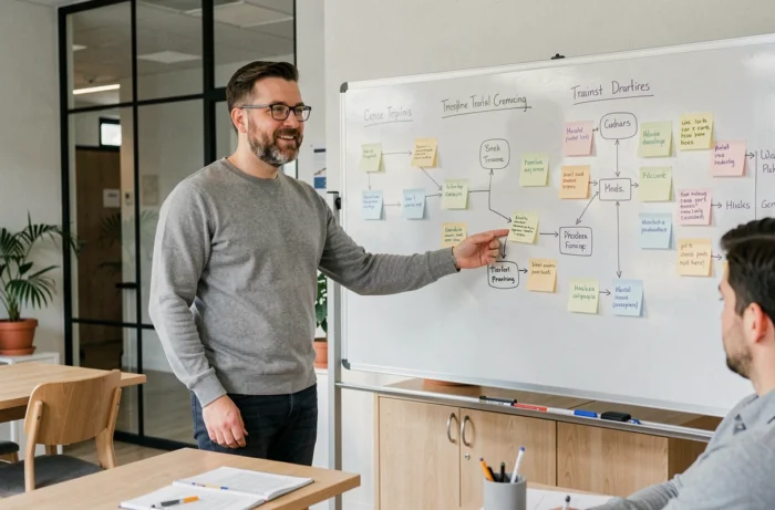 Un homme de 42 ans anime un atelier de reconversion dans un centre de formation parisien moderne, avec tableau blanc et participants en groupe