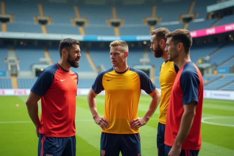 Trois footballeurs adultes en tenue sportive discutant de tactiques autour d'un tableau de jeu sur un terrain de football