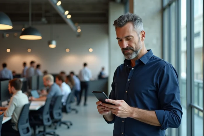 Homme vérifiant l'authentification à deux facteurs sur son smartphone dans un bureau moderne pour sécuriser ses comptes en ligne