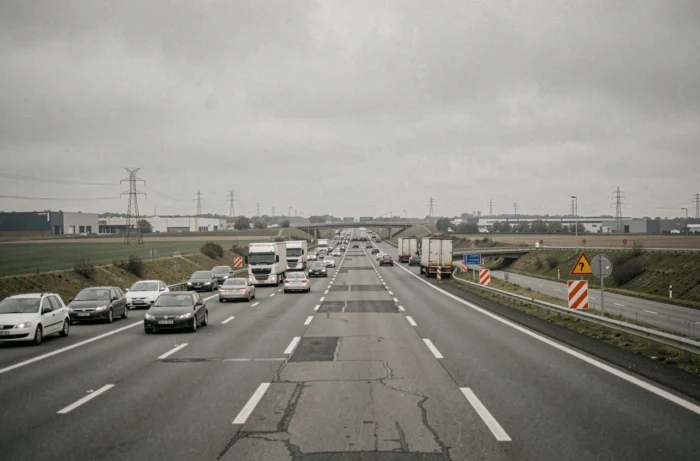 Vue grand angle d'une autoroute française embouteillée avec signalisation de danger et travaux, illustrant les zones à risque sur le réseau autoroutier français