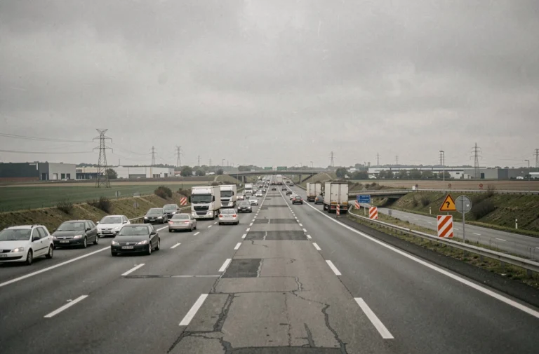 Vue grand angle d'une autoroute française embouteillée avec signalisation de danger et travaux, illustrant les zones à risque sur le réseau autoroutier français