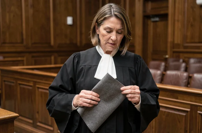 Avocate tenant un échantillon de tissu en laine contre sa robe noire dans une salle d'audience en bois