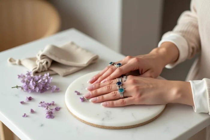 Mains féminines ornées de bagues artisanales en argent martelé avec pierres semi-précieuses sur marbre blanc