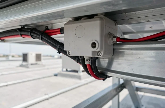 Boîtier de boucle d'induction solaire avec câblage DC sur structure de montage photovoltaïque
