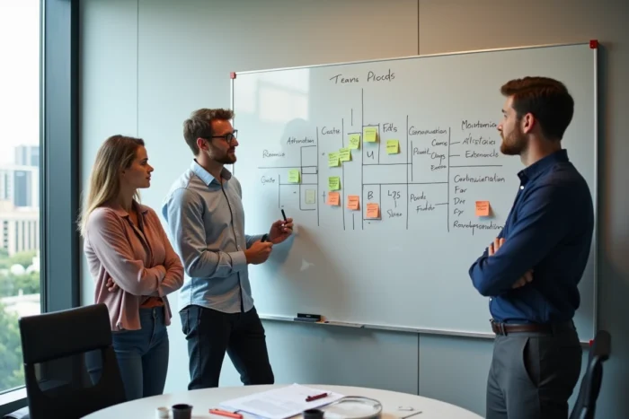 Une équipe de trois professionnels en séance de brainstorming devant un tableau blanc dans une salle de réunion