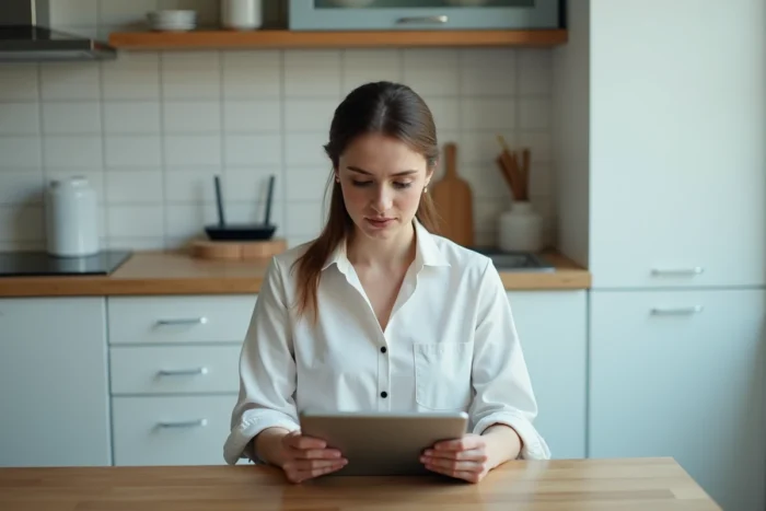 Femme confuse consultant une tablette avec une erreur de connexion dans une cuisine moderne avec routeur Wi-Fi visible