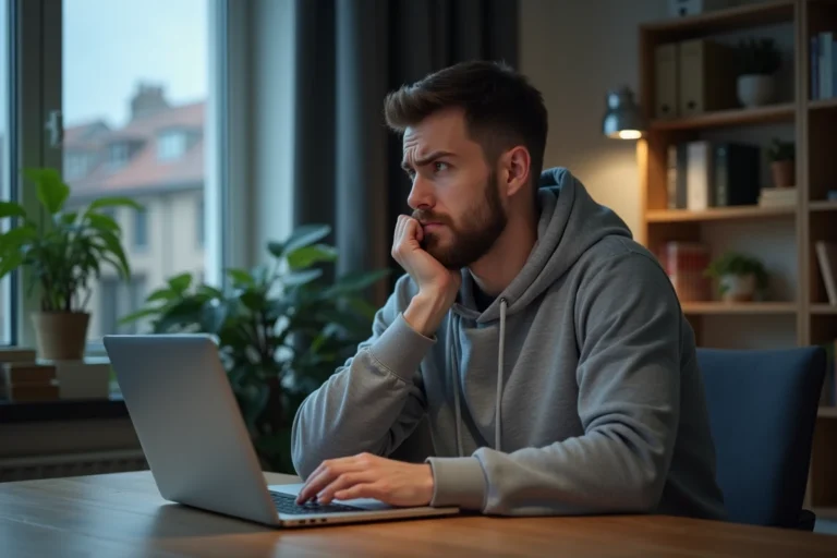 Homme frustré devant un ordinateur portable affichant une erreur de connexion Sharecloudy dans un bureau à domicile