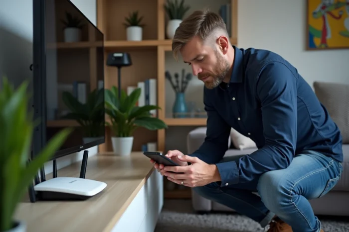 Homme vérifiant le routeur Wi-Fi et son smartphone pour diagnostiquer un problème de connexion à Sharecloudy dans un salon