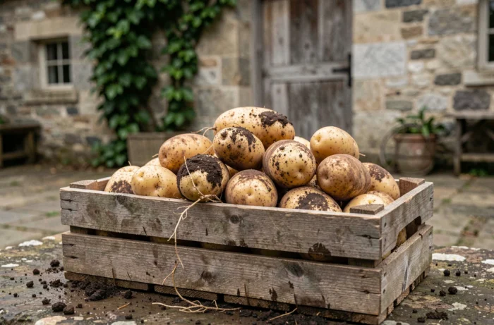 Caisse en bois remplie de pommes de terre fraîchement récoltées avec de la terre sur les tubercules posée sur une surface en pierre dans une ferme rustique