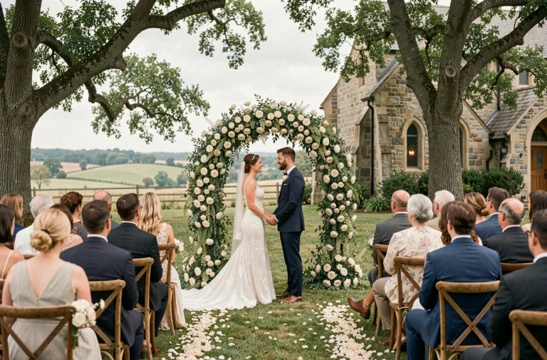 Cérémonie de mariage en plein air sous une arche florale en roses ivoire avec des invités assis sur des chaises en bois rustique dans un jardin champêtre