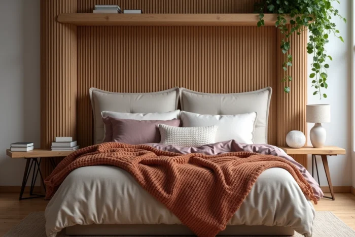 Chambre cocooning tendance 2024 avec tête de lit en lin mauve, latte de bois en chêne, plaid rouille et poterie artisanale sur table de nuit