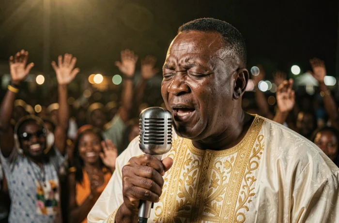 Chanteur africain au micro vintage sur scène en plein air à Abidjan, capturant l'intensité émotionnelle du rumba congolaise héritée de Papa Wemba