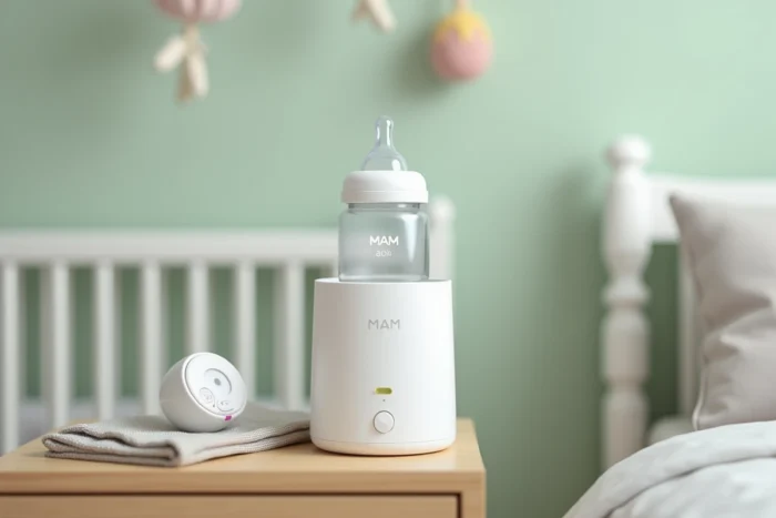 Chauffe biberon électrique avec un biberon MAM posé sur une table de nuit dans une chambre de bébé décorée en vert sauge