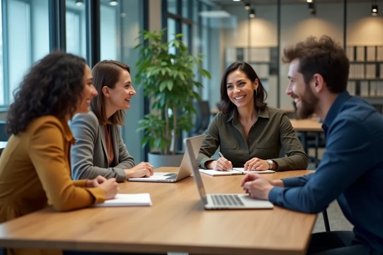 Quatre collègues autour d'une table de réunion en bois discutant en équipe dans un bureau moderne et collaboratif
