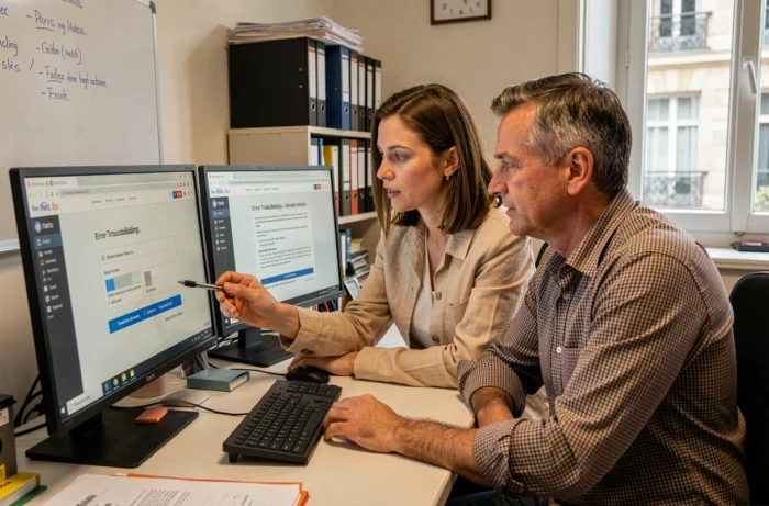 Deux collègues résolvant ensemble un problème de connexion sur Mon Intra Paris dans un bureau partagé