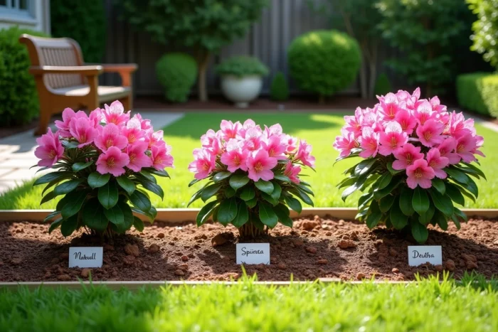 Comparaison de trois arbustes à fleurs roses dans un jardin résidentiel avec étiquettes d'identification