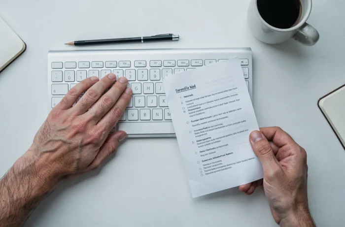 Vue aérienne de mains comparant une liste de critères imprimée et un clavier dans un espace de travail minimaliste