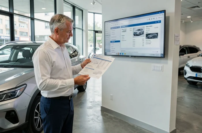 Vendeur automobile consultant une fiche technique et un écran interactif affichant les données d'un véhicule récent dans une salle d'exposition