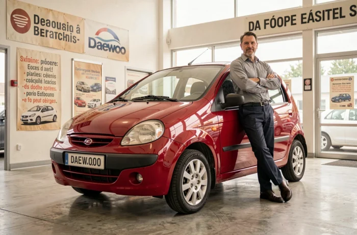 Concessionnaire Daewoo en France présentant une Matiz rouge dans un showroom