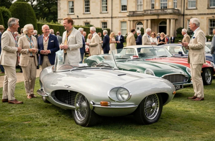 Exposition de voitures de collection lors d'un concours d'élégance avec Jaguar E-Type et Aston Martin DB5 sur pelouse