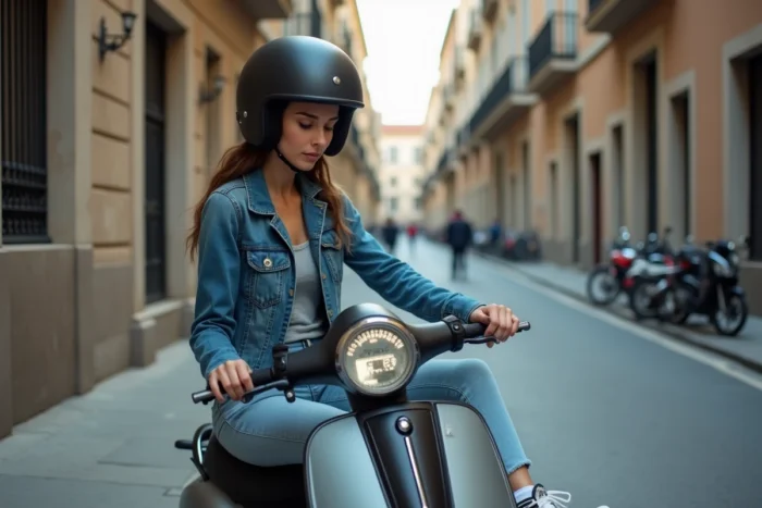 Jeune femme sur un scooter 50cc en ville regardant le compteur kilométrique