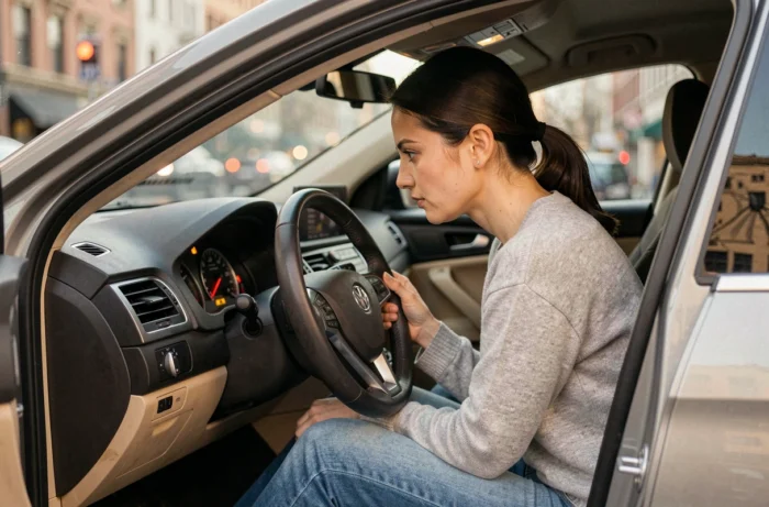 Conductrice observant un voyant orange clignotant sur le tableau de bord de sa voiture