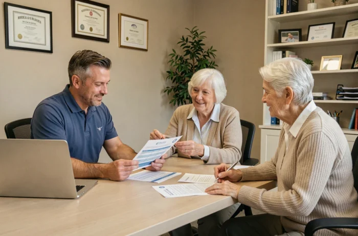 Conseiller Age d'Or Services présentant les tarifs et prestations 2026 à un couple de seniors en agence