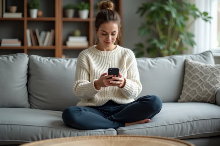 Femme consultant des conseils pratiques sur l'application Faljam depuis son canapé à domicile