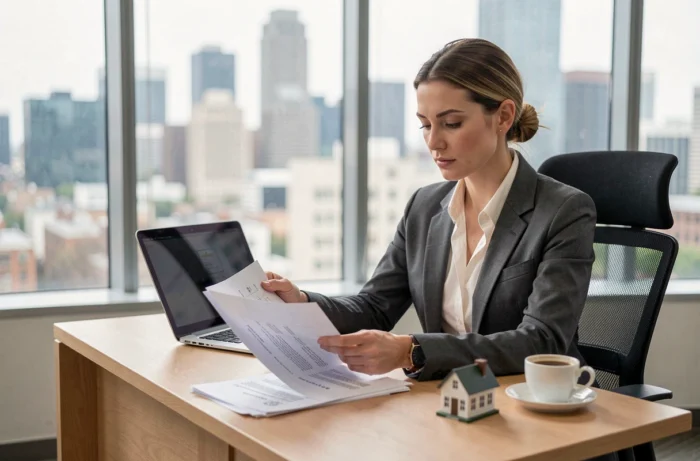 Femme d'affaires analysant un contrat de vente immobilière à son bureau pour une transaction avec une société