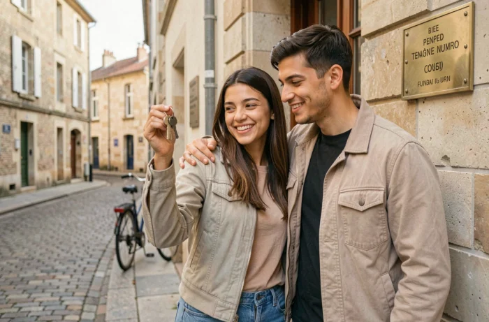 Couple heureux tenant les clés de leur nouveau logement devant l'étude notariale après la signature